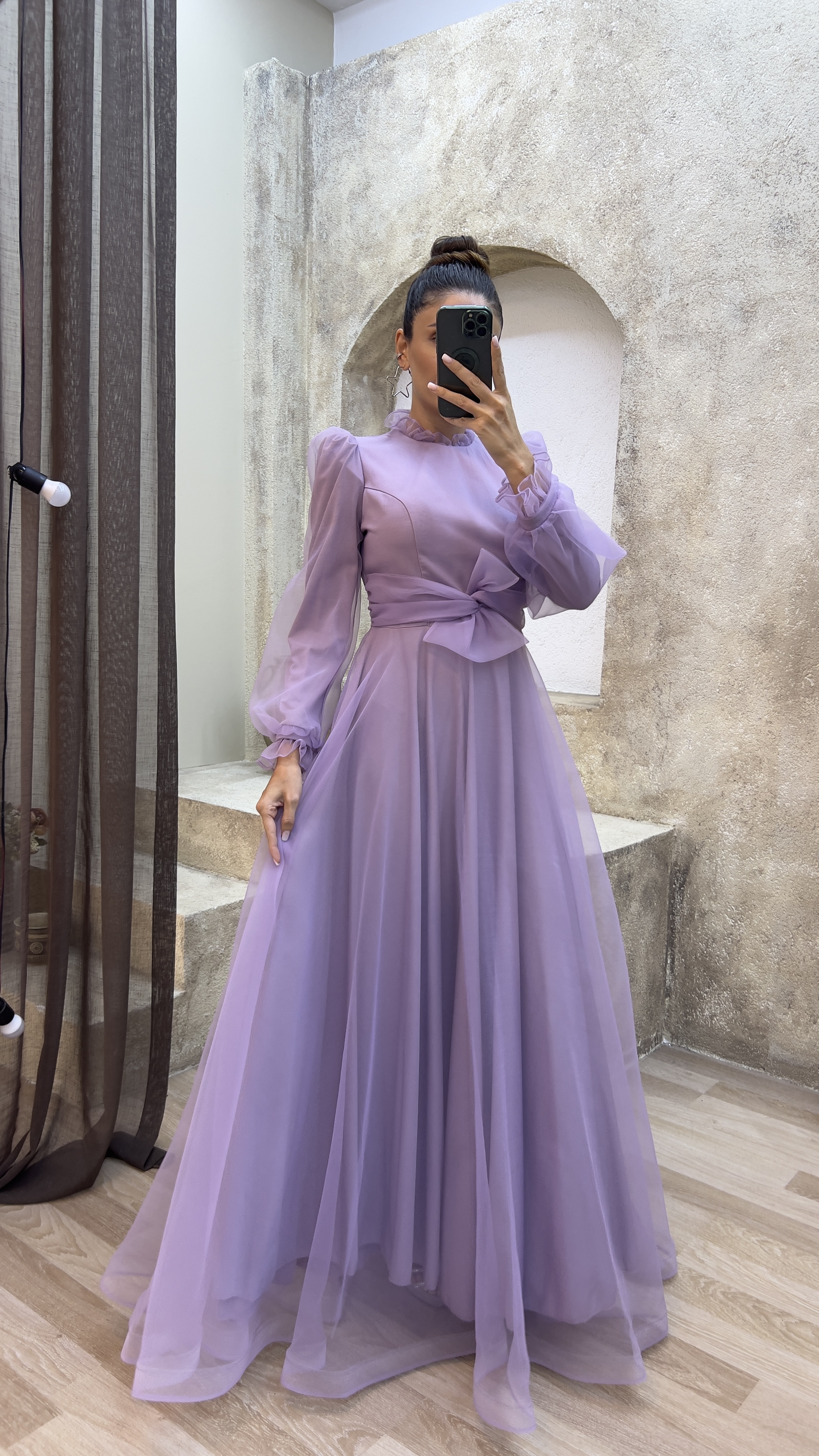 Lilac Balloon Sleeve Waist Detail Design Evening Dress