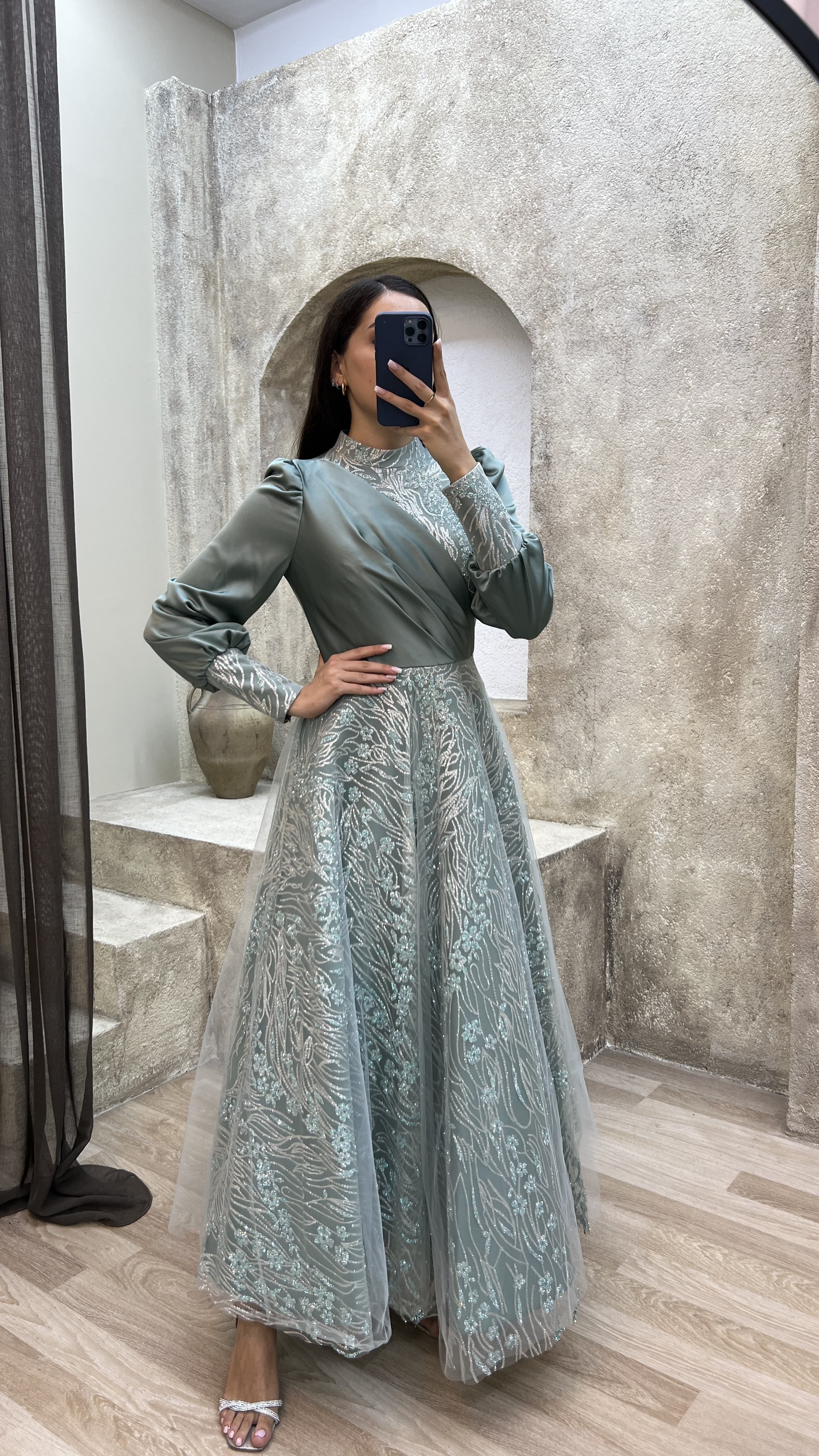 Mint Green Balloon Sleeve Embroidery Detail Design Evening Dress Dress