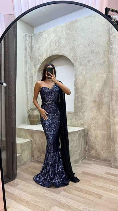 Azul marino Un hombro bordado Tul Detalle Diseño Vestido de noche