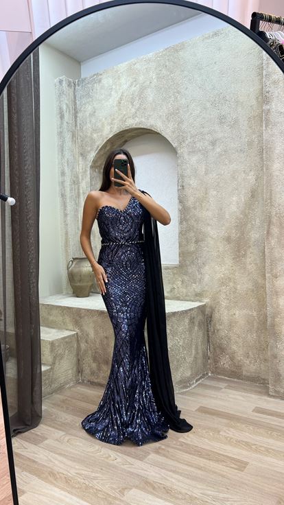 Azul marino Un hombro bordado Tul Detalle Diseño Vestido de noche