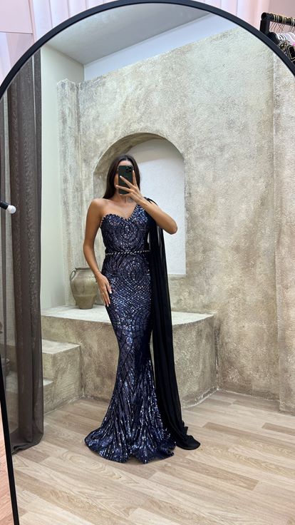 Azul marino Un hombro bordado Tul Detalle Diseño Vestido de noche