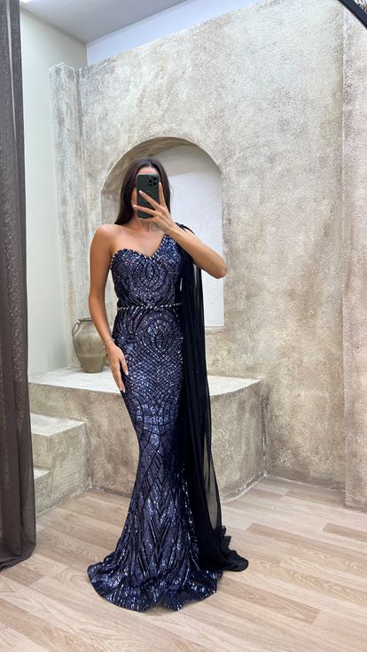 Azul marino Un hombro bordado Tul Detalle Diseño Vestido de noche