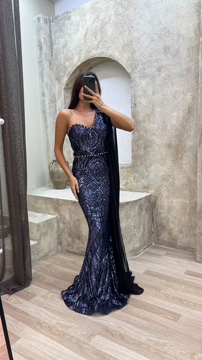 Azul marino Un hombro bordado Tul Detalle Diseño Vestido de noche