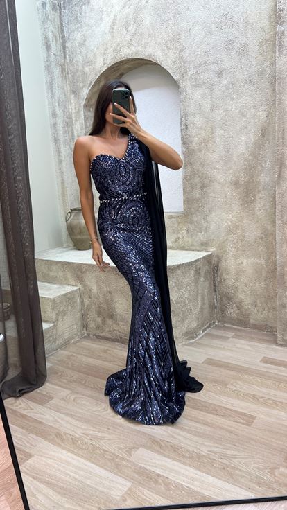 Azul marino Un hombro bordado Tul Detalle Diseño Vestido de noche