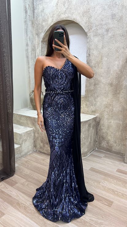 Azul marino Un hombro bordado Tul Detalle Diseño Vestido de noche