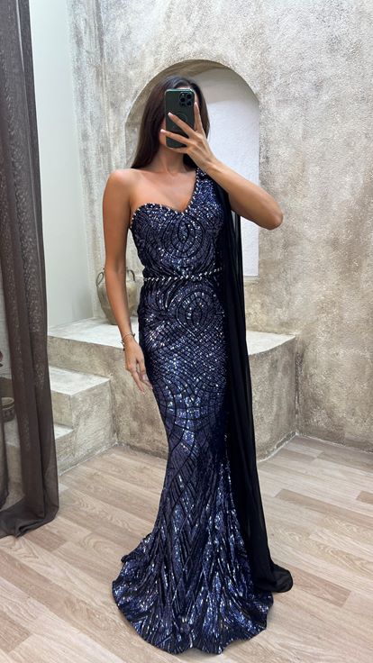 Azul marino Un hombro bordado Tul Detalle Diseño Vestido de noche