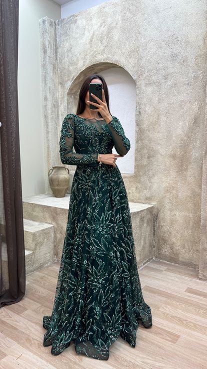 Verde Esmeralda Bordado Detalle Diseño Tul Vestido de noche