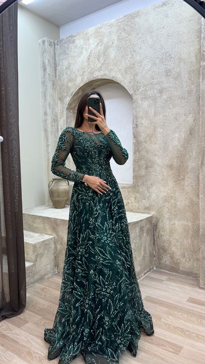 Verde Esmeralda Bordado Detalle Diseño Tul Vestido de noche