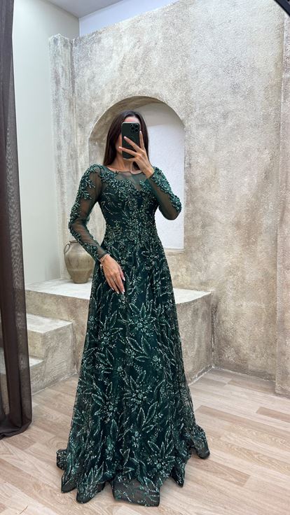Verde Esmeralda Bordado Detalle Diseño Tul Vestido de noche