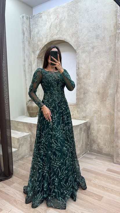Verde Esmeralda Bordado Detalle Diseño Tul Vestido de noche