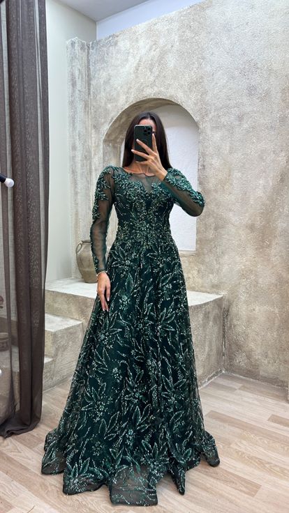 Verde Esmeralda Bordado Detalle Diseño Tul Vestido de noche