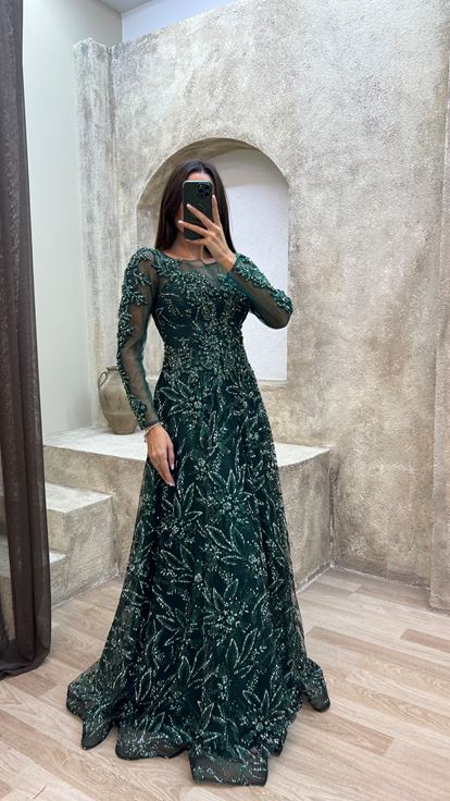 Verde Esmeralda Bordado Detalle Diseño Tul Vestido de noche