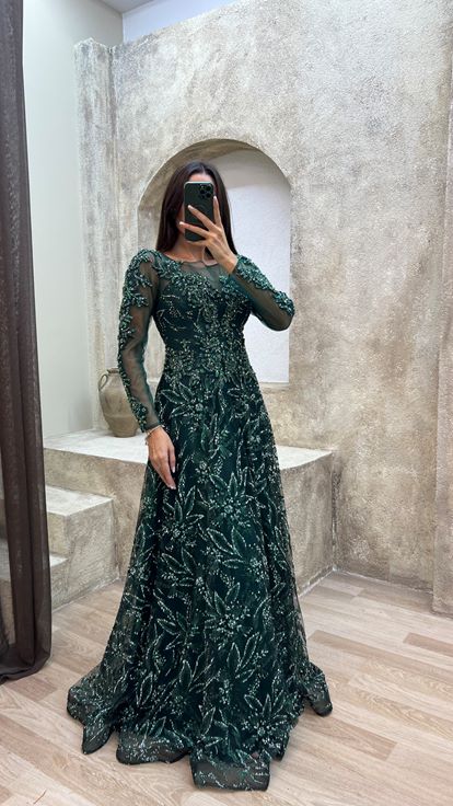 Verde Esmeralda Bordado Detalle Diseño Tul Vestido de noche