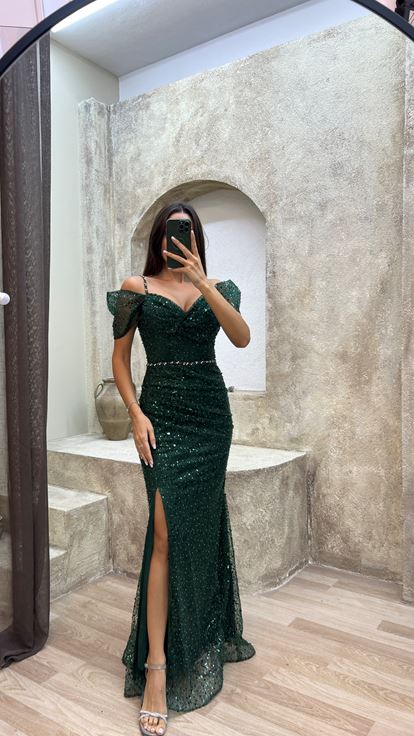 Esmeralda Verde Cuerda Correa manga Detalle Diseño bordado Vestido de noche