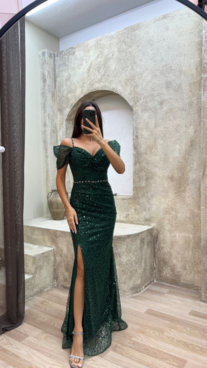 Esmeralda Verde Cuerda Correa manga Detalle Diseño bordado Vestido de noche