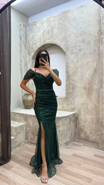 Esmeralda Verde Cuerda Correa manga Detalle Diseño bordado Vestido de noche