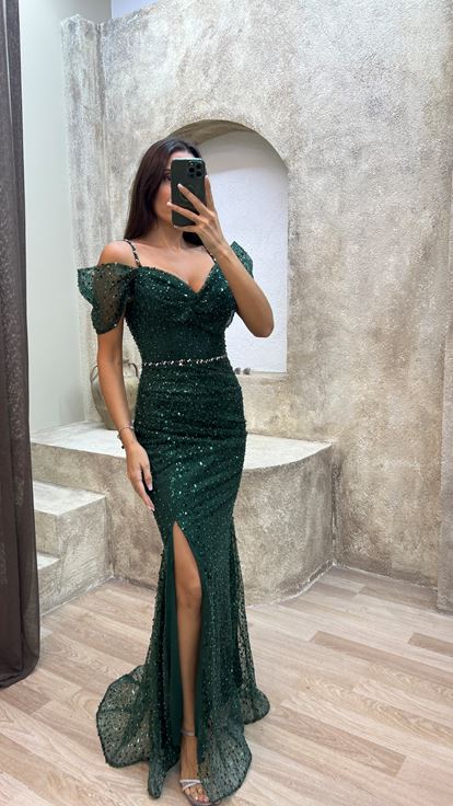 Esmeralda Verde Cuerda Correa manga Detalle Diseño bordado Vestido de noche