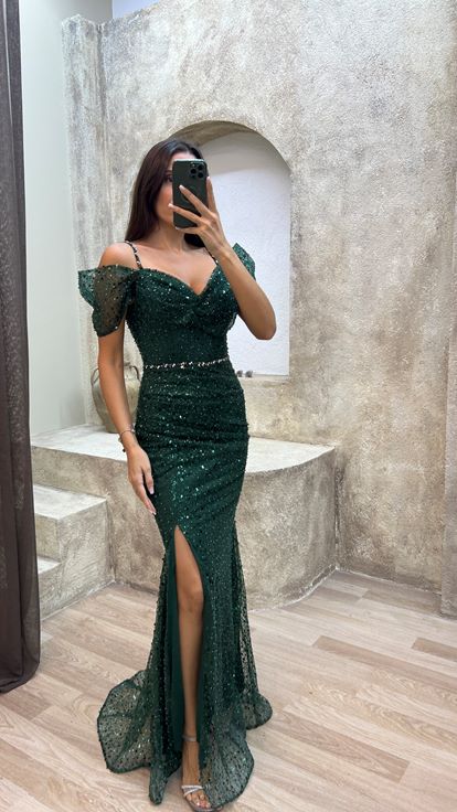 Esmeralda Verde Cuerda Correa manga Detalle Diseño bordado Vestido de noche