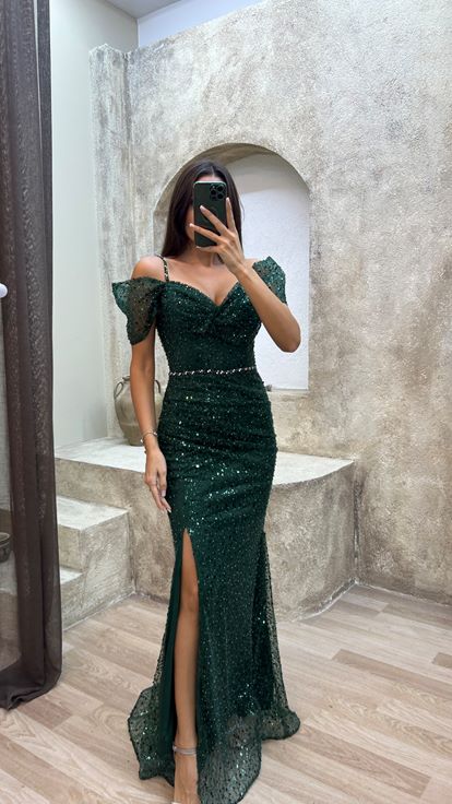 Esmeralda Verde Cuerda Correa manga Detalle Diseño bordado Vestido de noche
