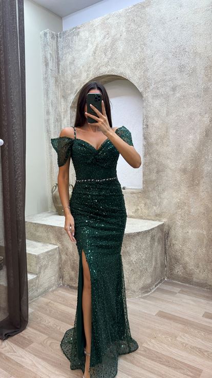 Esmeralda Verde Cuerda Correa manga Detalle Diseño bordado Vestido de noche