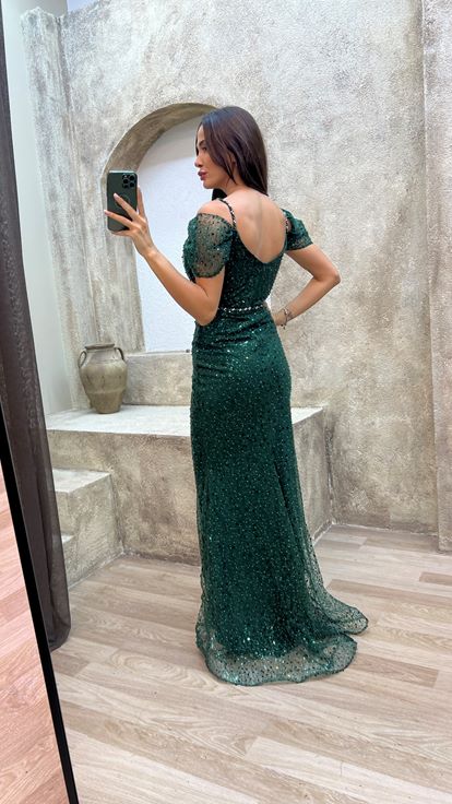 Esmeralda Verde Cuerda Correa manga Detalle Diseño bordado Vestido de noche