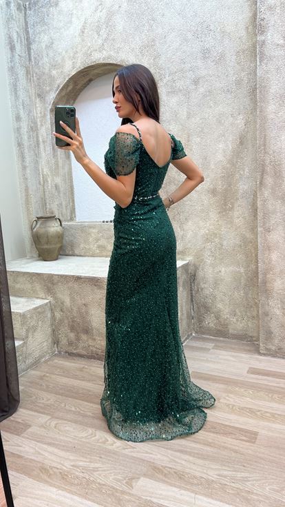 Esmeralda Verde Cuerda Correa manga Detalle Diseño bordado Vestido de noche