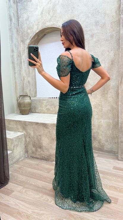 Esmeralda Verde Cuerda Correa manga Detalle Diseño bordado Vestido de noche