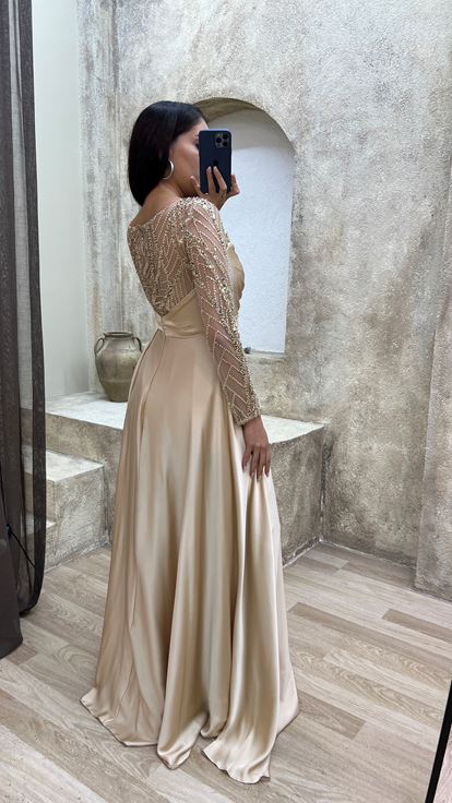 Bej Taş İşleme Detay Drapeli Tasarım Abiye Elbise