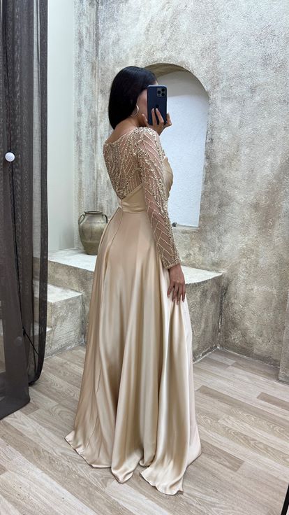 Bej Taş İşleme Detay Drapeli Tasarım Abiye Elbise