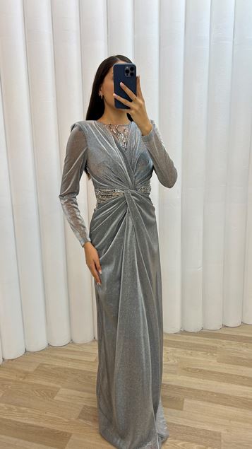 Grey Waist Detail Bow Design Evening Dress Dress