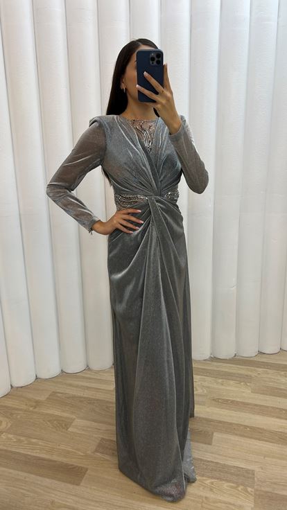 Grey Evening Dress with Waist Detail and Bow Design