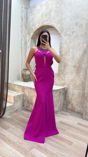 Fuchsia Neck Detail Embroidered Design Evening Dress