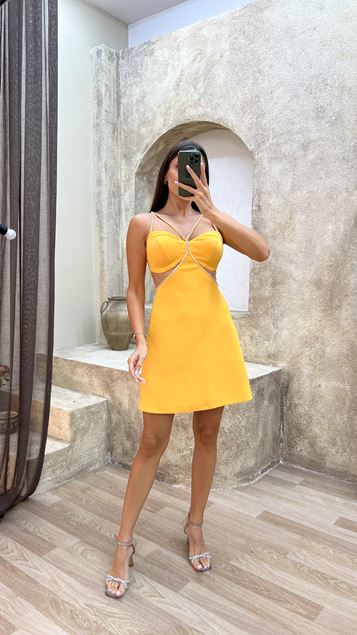 Sarı Bel Detay İşlemeli Tasarım Mini Elbise