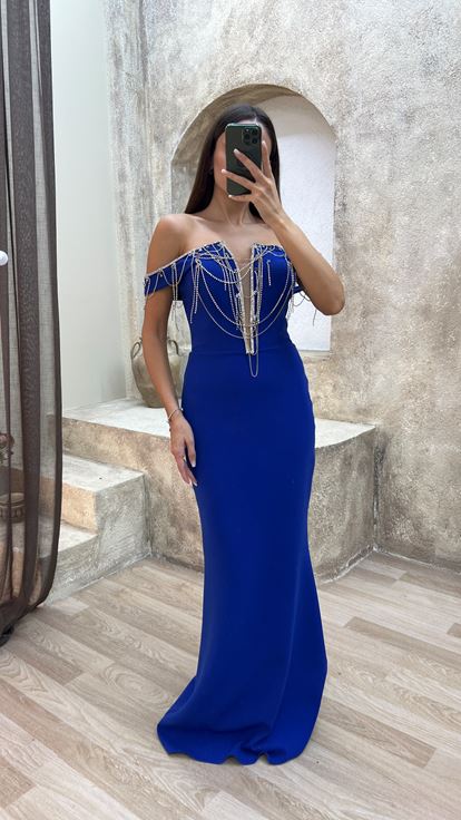 Saks Zincir Detay İşlemeli Tasarım Abiye Elbise