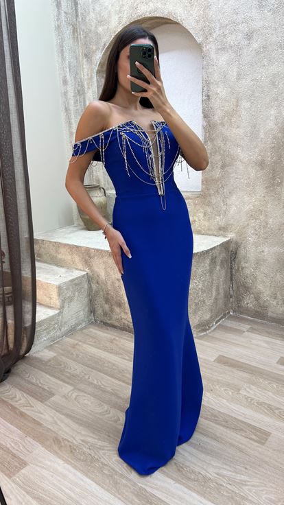 Saks Zincir Detay İşlemeli Tasarım Abiye Elbise