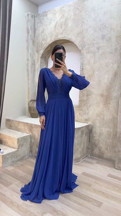 Chiffon Abendkleid mit Blumentopf Stickerei