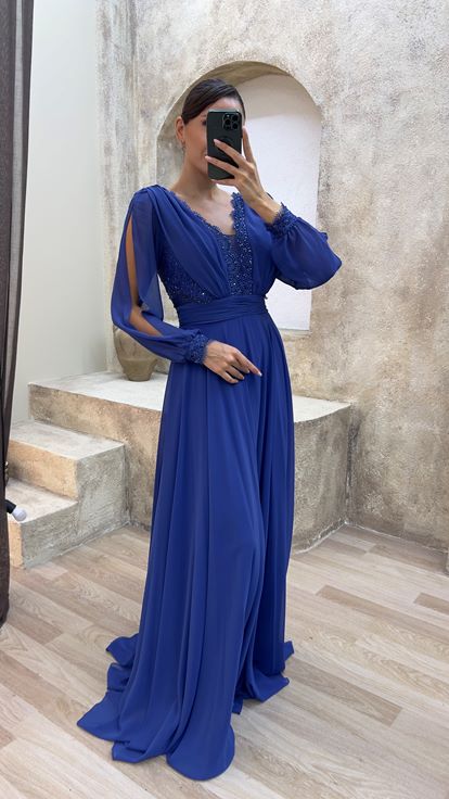 Chiffon Abendkleid mit Blumentopf Stickerei