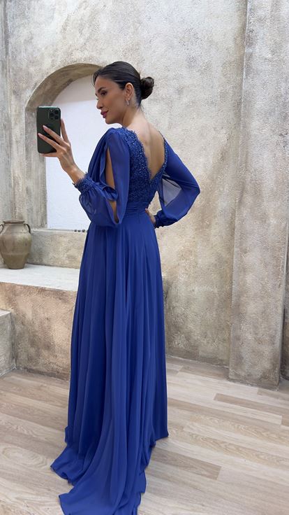 Chiffon Abendkleid mit Blumentopf Stickerei