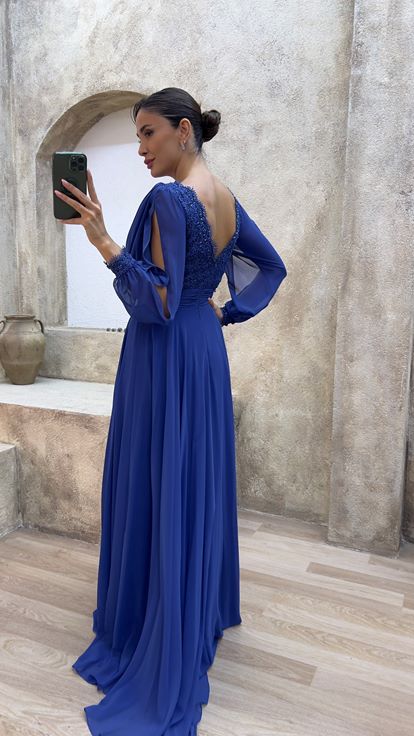 Chiffon Abendkleid mit Blumentopf Stickerei