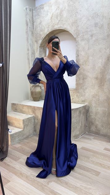 Navy Blue Balloon Sleeve Embroidered Shoulders Embroidered Design Evening Dress