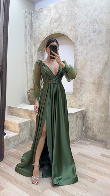 Vestido de noche de diseño bordado de hombros bordados con manga globo caqui