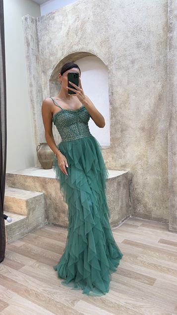 Turquoise Strappy Embroidered Tulle Evening Dress with Ruffled Skirt