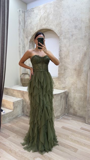 Khaki Corde Straangle Jupe Brodée Tulle à Volants Robe de soirée