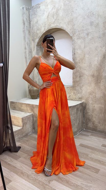 Orange Chain Detail Waist Bow Design Evening Dress