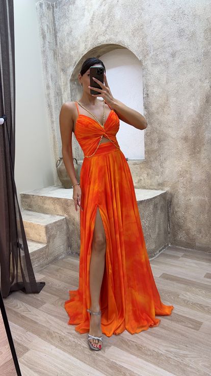 Orange Chain Detail Waist Bow Design Evening Dress