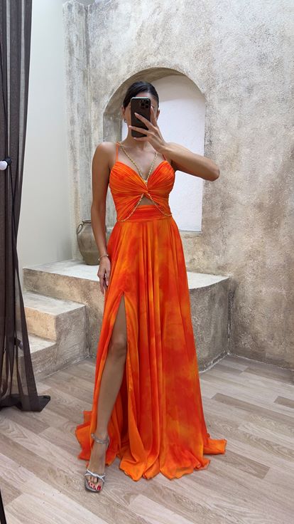 Orange Chain Detail Waist Bow Design Evening Dress