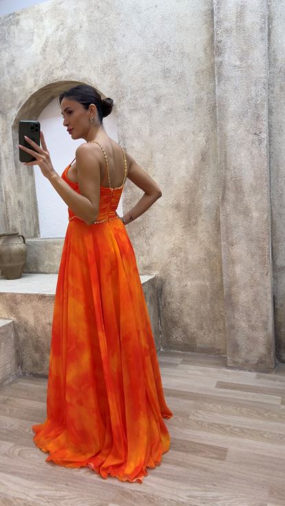 Orange Chain Detail Waist Bow Design Evening Dress