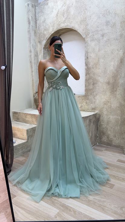 Mint Green Boat Neck Waist Detail Design Evening Dress