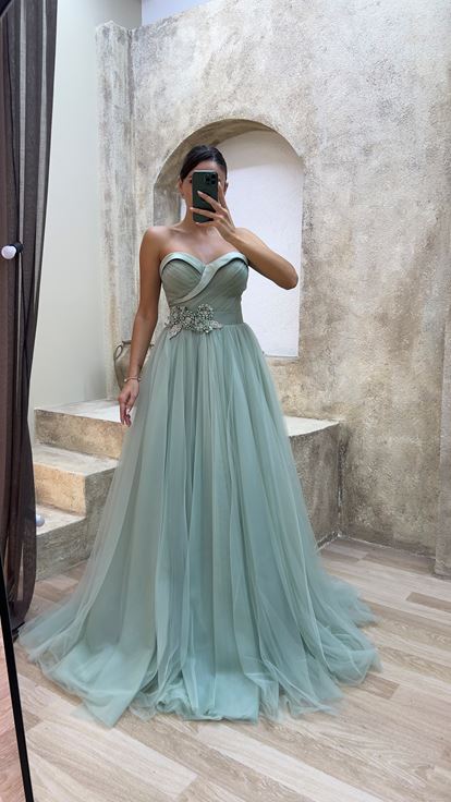 Mint Green Boat Neck Waist Detail Design Evening Dress