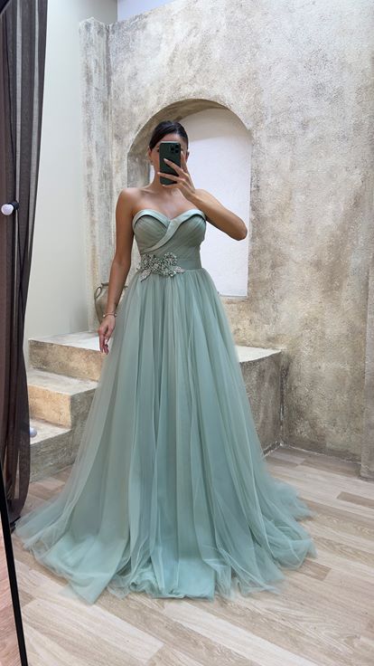 Mint Green Boat Neck Waist Detail Design Evening Dress